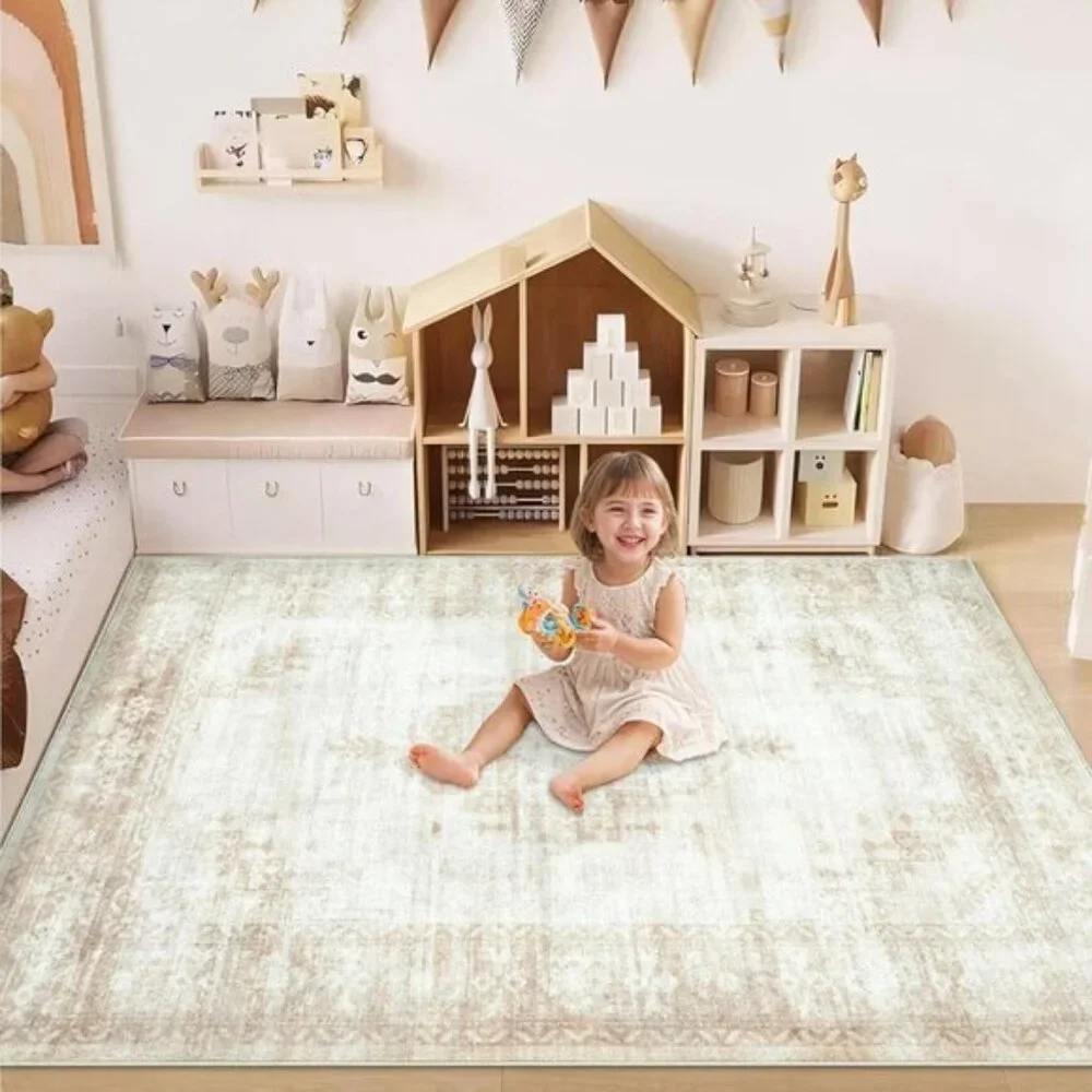 New 5x7 Beige Vintage Area Rug, Washable Boho Non-Slip Carpet for Living Room